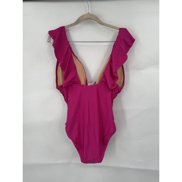 J. Crew Ruched Ruffle One Piece Swimsuit women 12 Pink Fuchsia Beach Pool NEW - Picture 3 of 9
